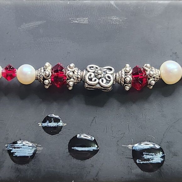 Y2K Vintage 925 Women's Bracelet 6.25"Minimalist Classic Genuine Pearl Ruby Bead - Picture 4 of 8